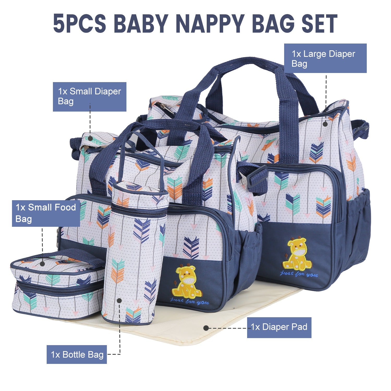 5-Piece Baby Diaper Bag Set – Spacious Travel Tote for Moms & Dads