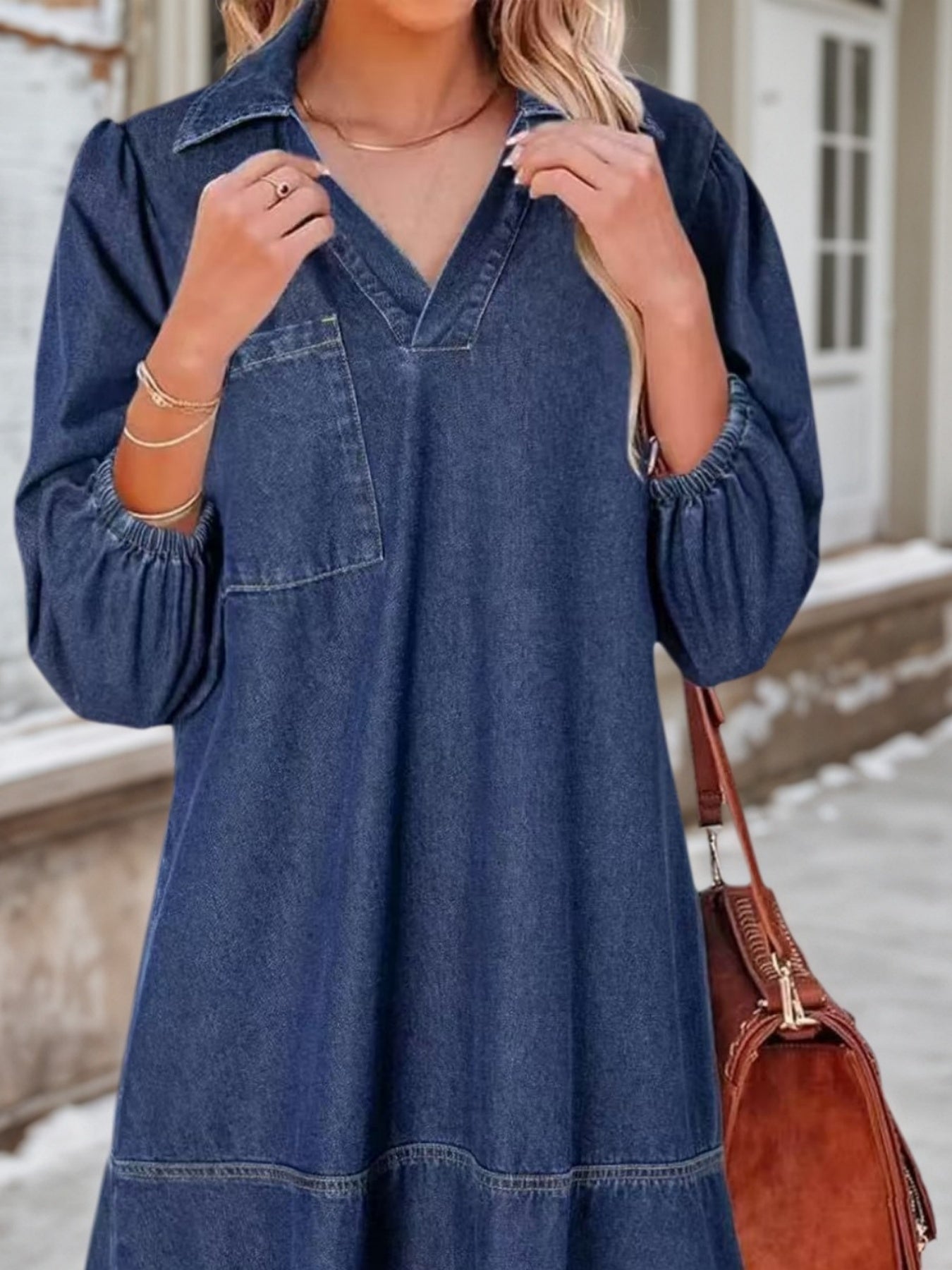 Women's V-Neck Puff Sleeve Denim Doll Dress Three-Quarter Length – AdriaPulse