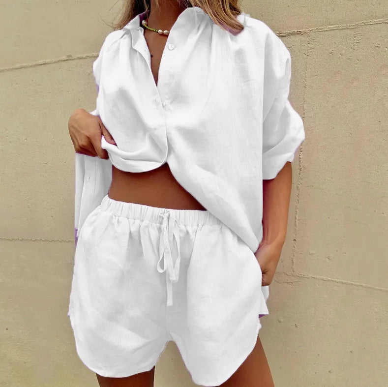 Nouveau style été 2024 européen et américain, ensemble deux pièces femme couleur unie chemise boutonnée à manches courtes et pantalon large La