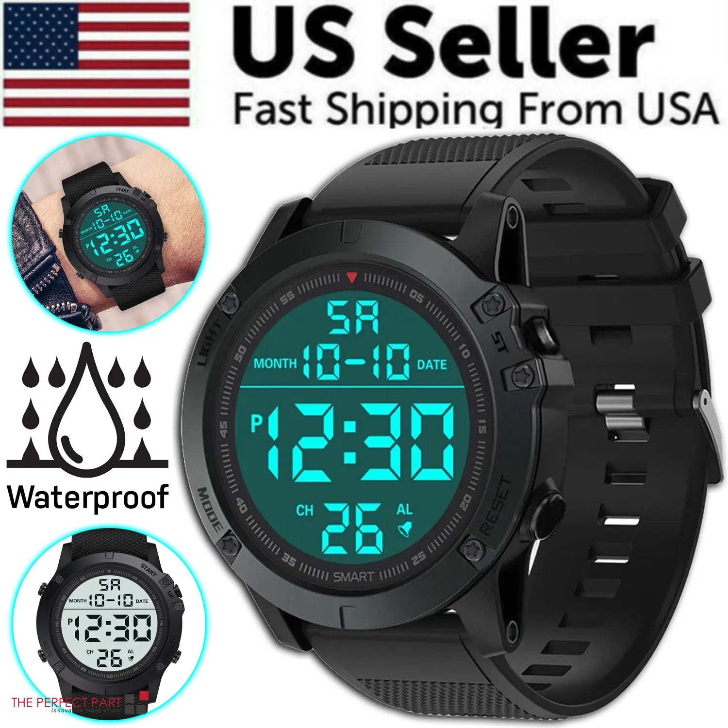 Men's Waterproof Digital Military Tactical LED Sports Watch Wristwatch Black Front View – AdriaPulse