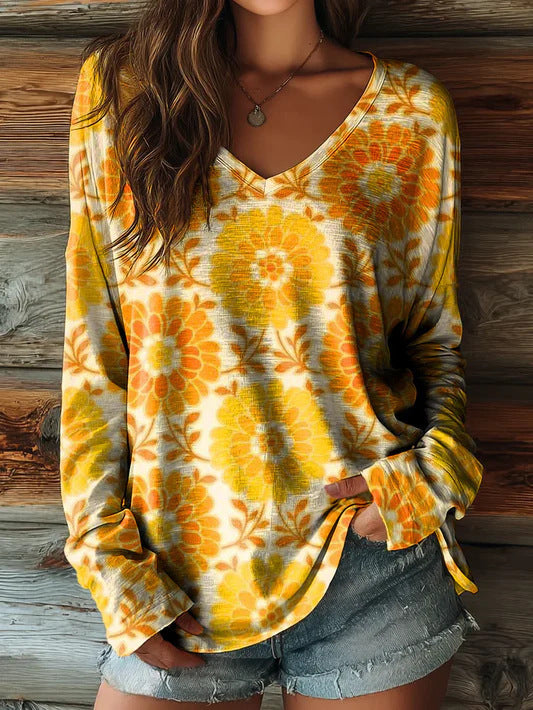 Damen bedrucktes V-Ausschnitt Langarm-Pullover-Oberteil mit überschnittenen Schultern