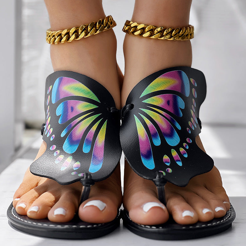 Schmetterlingsdruck Zehensteg-Flip-Flops mit runder Zehenkappe, Bequeme Sommer-Strandschuhe, Lässige Damenschuhe, Perfekt für Pool und Alltag