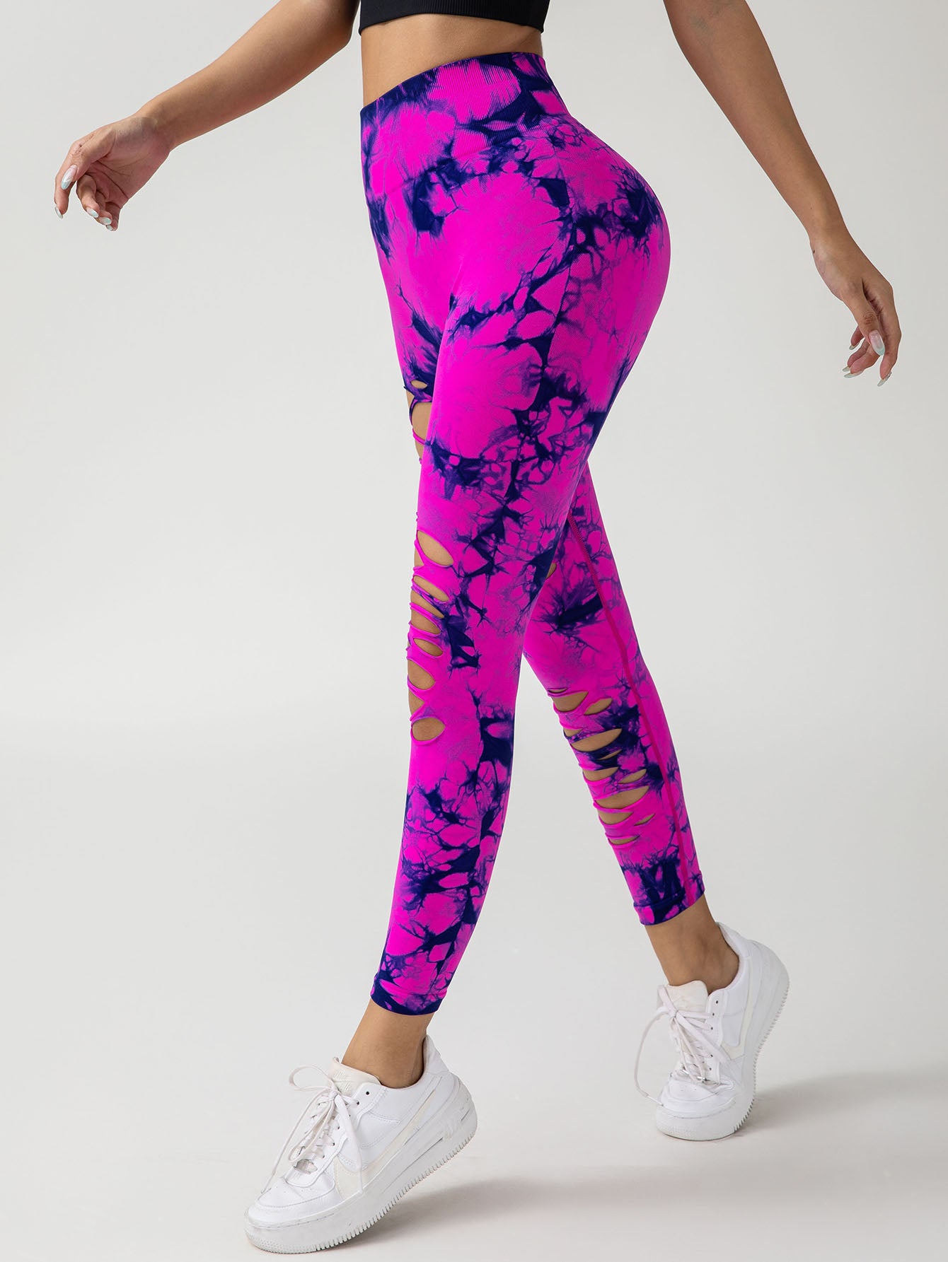 -Pack Hollow-Out Tie-Dye High-Waist Tummy Control Yoga Pants – Mixed Colors – Front View | AdriaPulse