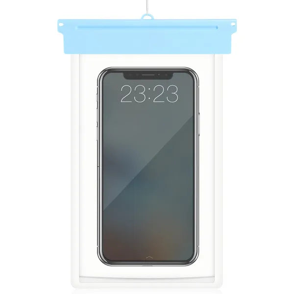 "Blue IPX8 waterproof phone pouch dry bag case with adjustable neck lanyard for smartphones up to 6 inches – AdriaPulse"