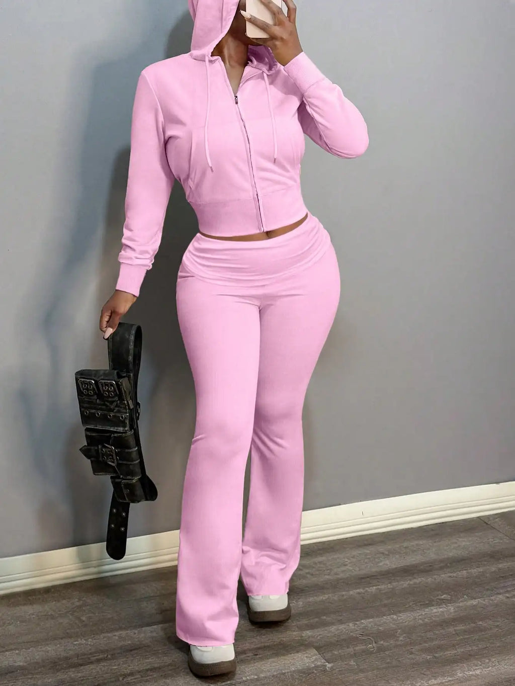 Pinkfarbener Damen 2-teiliger Kapuzen-Crop-Top & ausgestellte Hose Set, lässiges Sport-Outfit für den Herbst