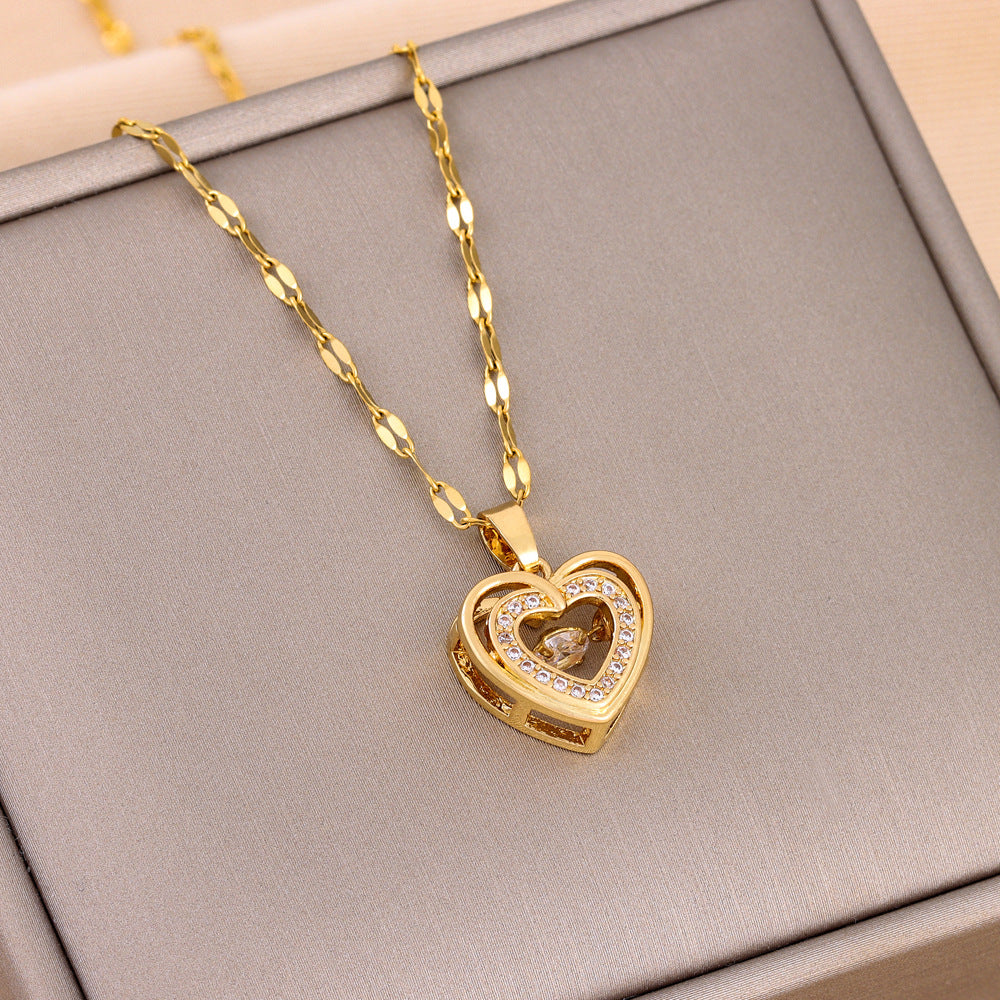 Double Layer Heart Necklace | Rhinestone Titanium Steel Pendant – Women's Gift