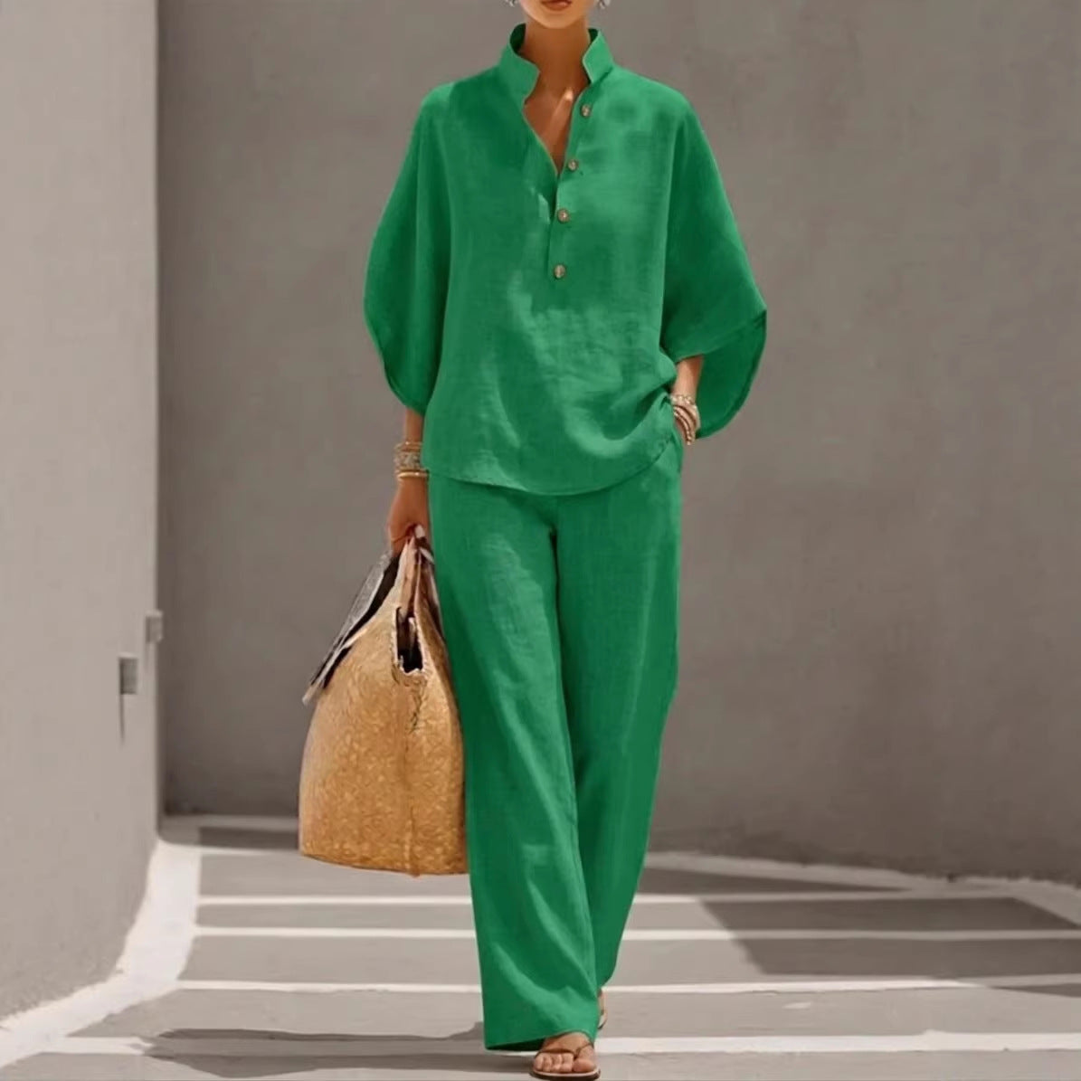 Women's Short Sleeve Top Straight-Leg Trousers Two-Piece Suit Casual Linen-Look Co-Ord Set – AdriaPulse
