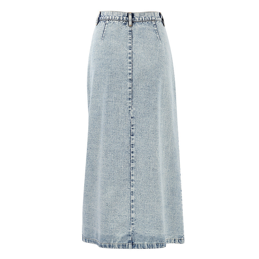 Women's Retro A-Line Denim Maxi Skirt – Washed Distressed Long Jean Skirt