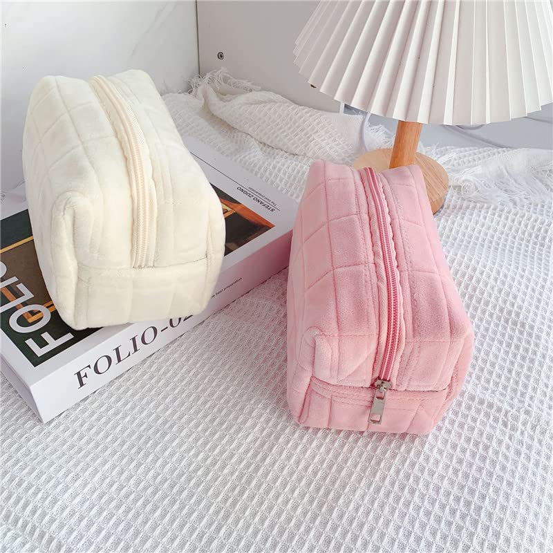 Trousse de Maquillage en Peluche – Lot de 3 Trousses de Toilette à Carreaux Mignonnes pour Femmes | Rose, Bleu & Blanc
