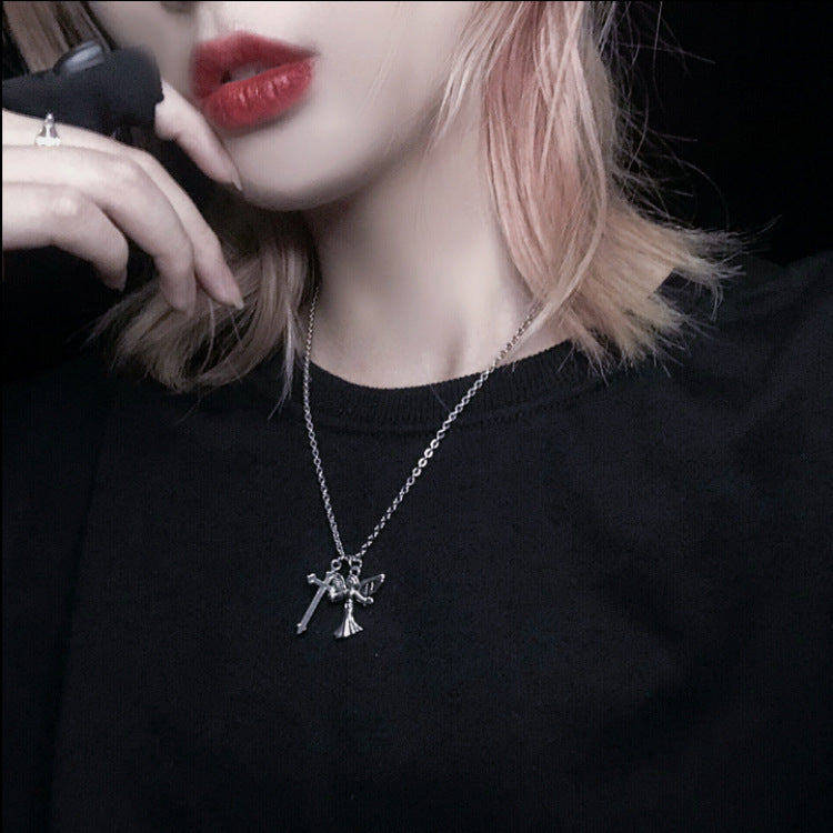 Angel Wings Cross Pendant Necklace – Silver Alloy Clavicle Chain