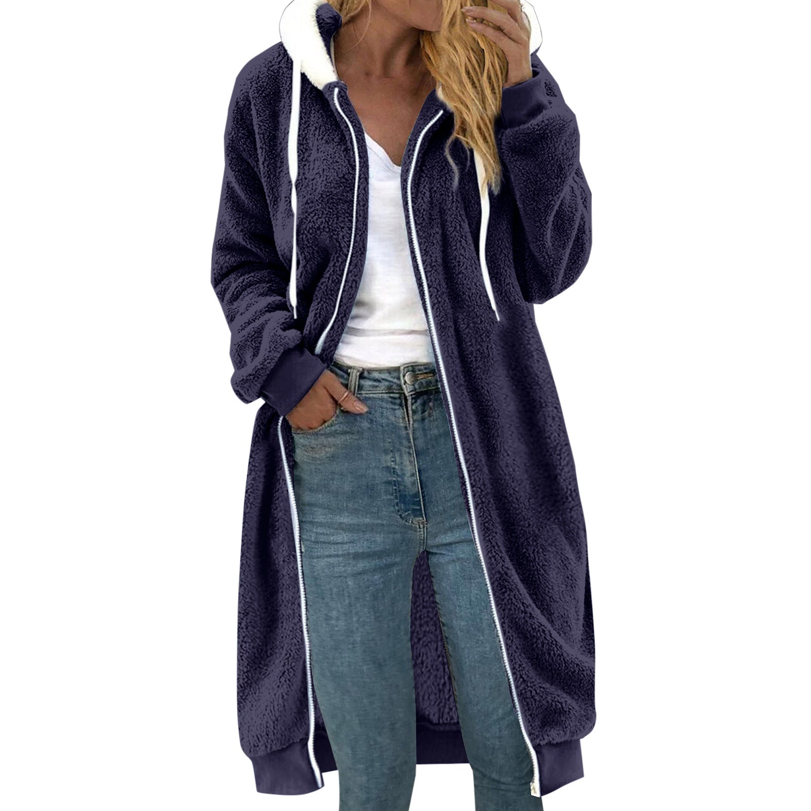 Manteau à capuche en peluche double face mi-long épais pour femme