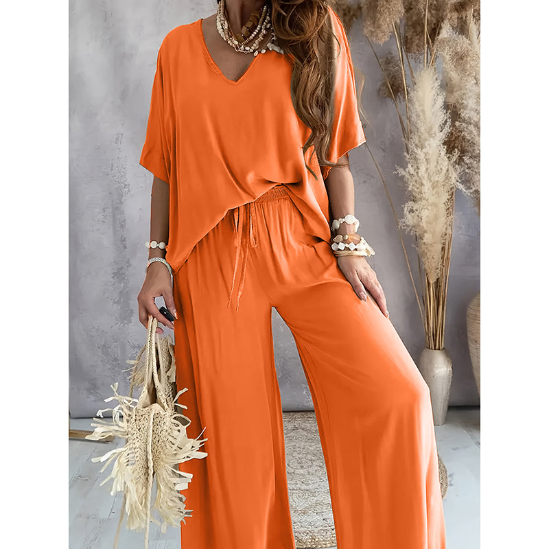 Damen 2-teiliges Outfit, lässiges einfarbiges V-Ausschnitt Halbarm-Top und weite Hose Lounge Set