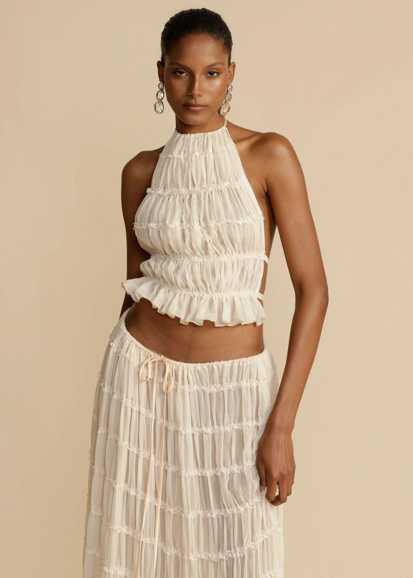 Women's Halter Crop Top & Pleated Maxi Skirt Set – Sexy Backless 2-Piece Beach Dress Suit