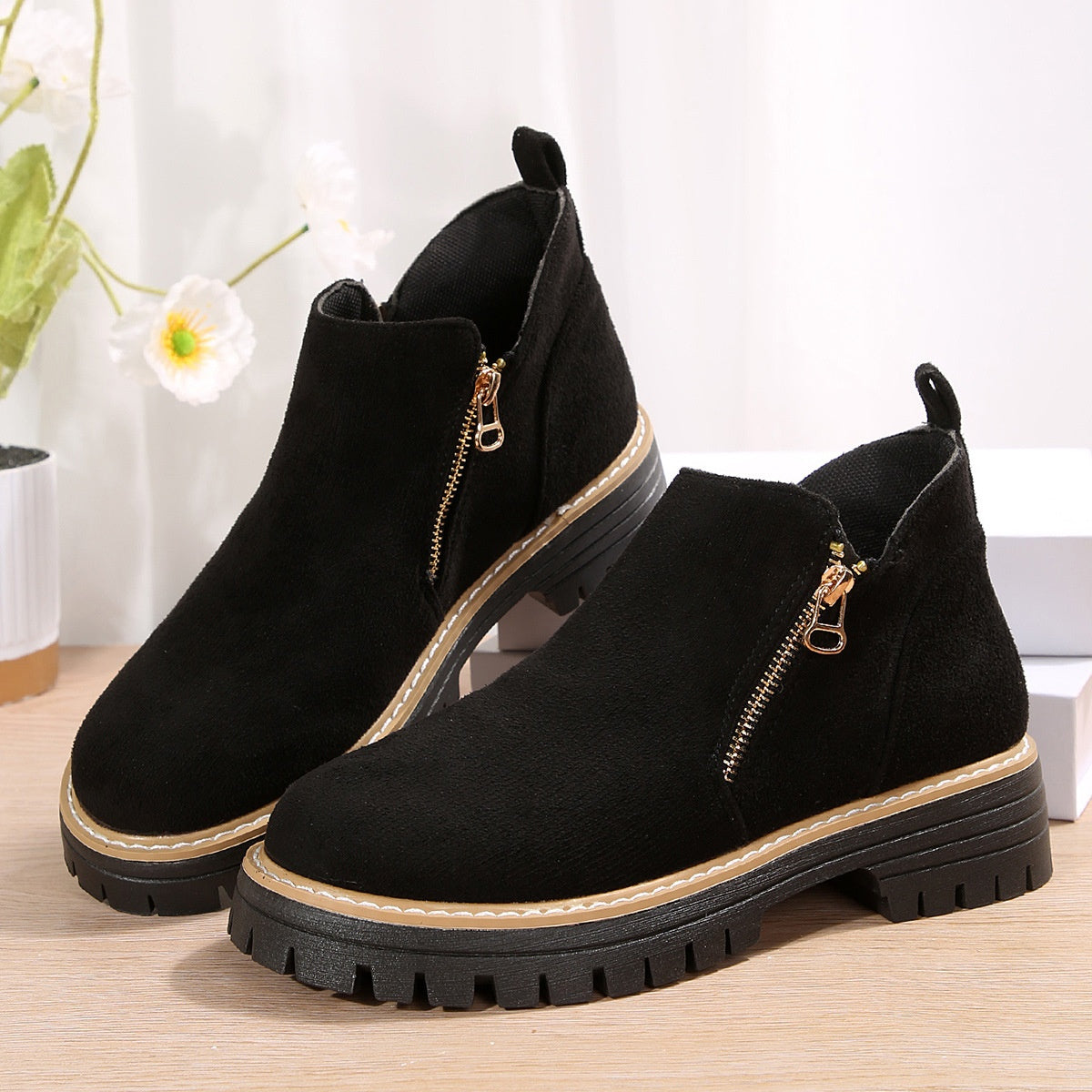 Women's Suede Chunky Ankle Boots – Block Heel Side Zipper | EU 36–43