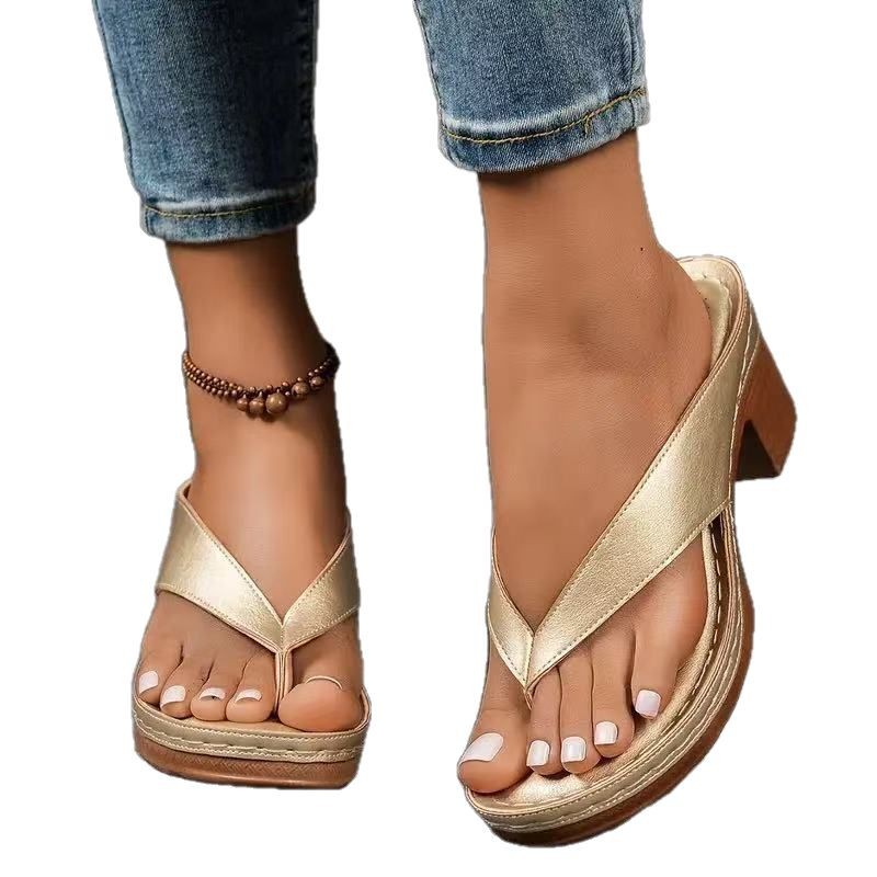 Square Heel Wedge Sandals Women Solid Color Slide Shoes AdriaPulse
