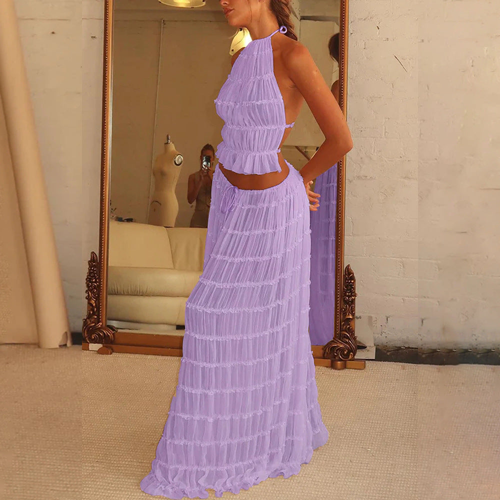 Women's Halter Crop Top & Pleated Maxi Skirt Set – Sexy Backless 2-Piece Beach Dress Suit