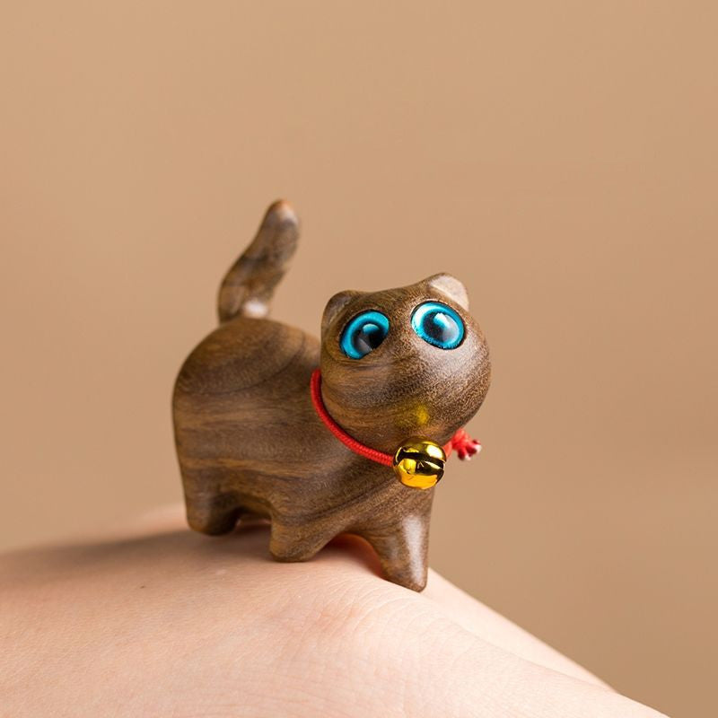 Handmade Sandalwood Cat & Animal Figurine – Mini Wooden Desk Ornament