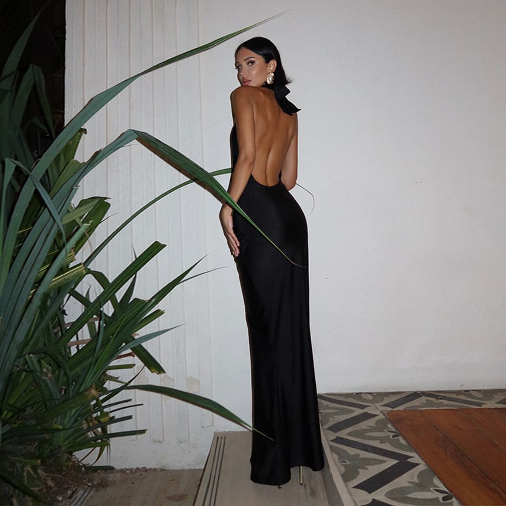 Women's Halter Backless Satin Maxi Dress Elegant Evening Dress Black Front View – AdriaPulse