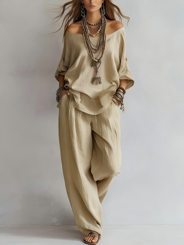 Women's Off-Shoulder Three-Quarter Sleeve Top Wide-Leg Pants Set Minimalist Street Fashion Co-Ord – AdriaPulse
