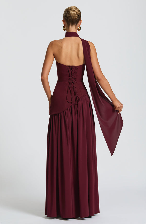 Maliyah Maxi Dress Lace-Up Backless Chiffon Gown Cherry – AdriaPulse