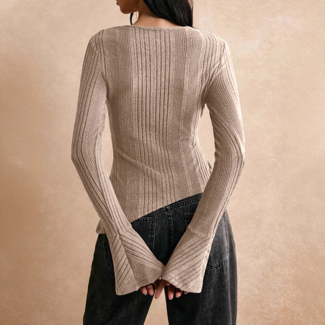Women's Casual Stitching Long Sleeve Button T-Shirt Slim Fit Light Gray Black Pink Khaki – AdriaPulse"