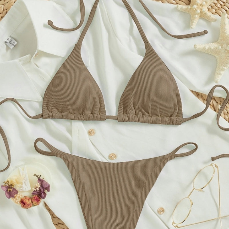 Women's Sexy Ribbed Tie Bikini Set – V-Neck Two-Piece Swimsuit