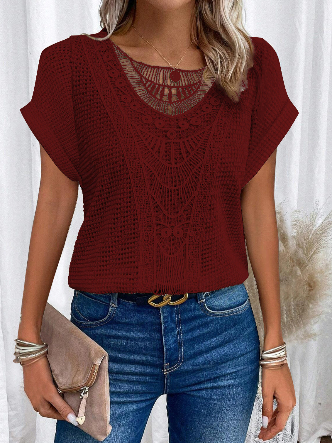Women's Hollow Out Short Sleeve Top – Ethnic Style Summer Tee