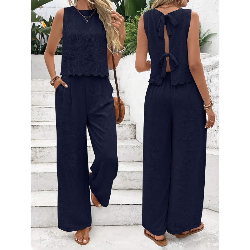 Damen Ärmelloses Weste mit Spitzenbesatz & Weite-Bein-Hose Set – Sommer-Zweiteiler