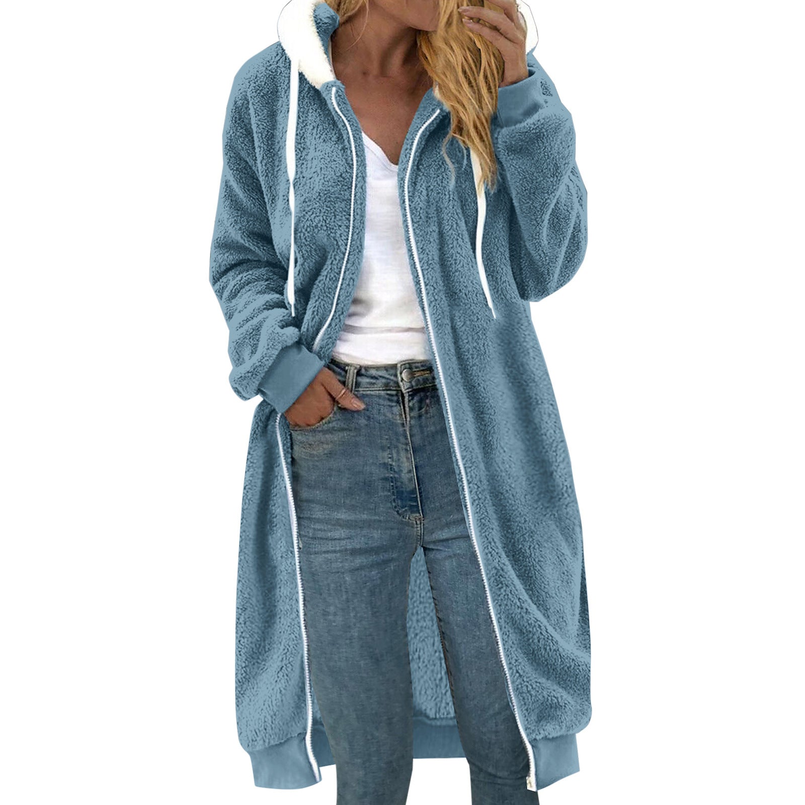 Manteau à capuche en peluche double face mi-long épais pour femme