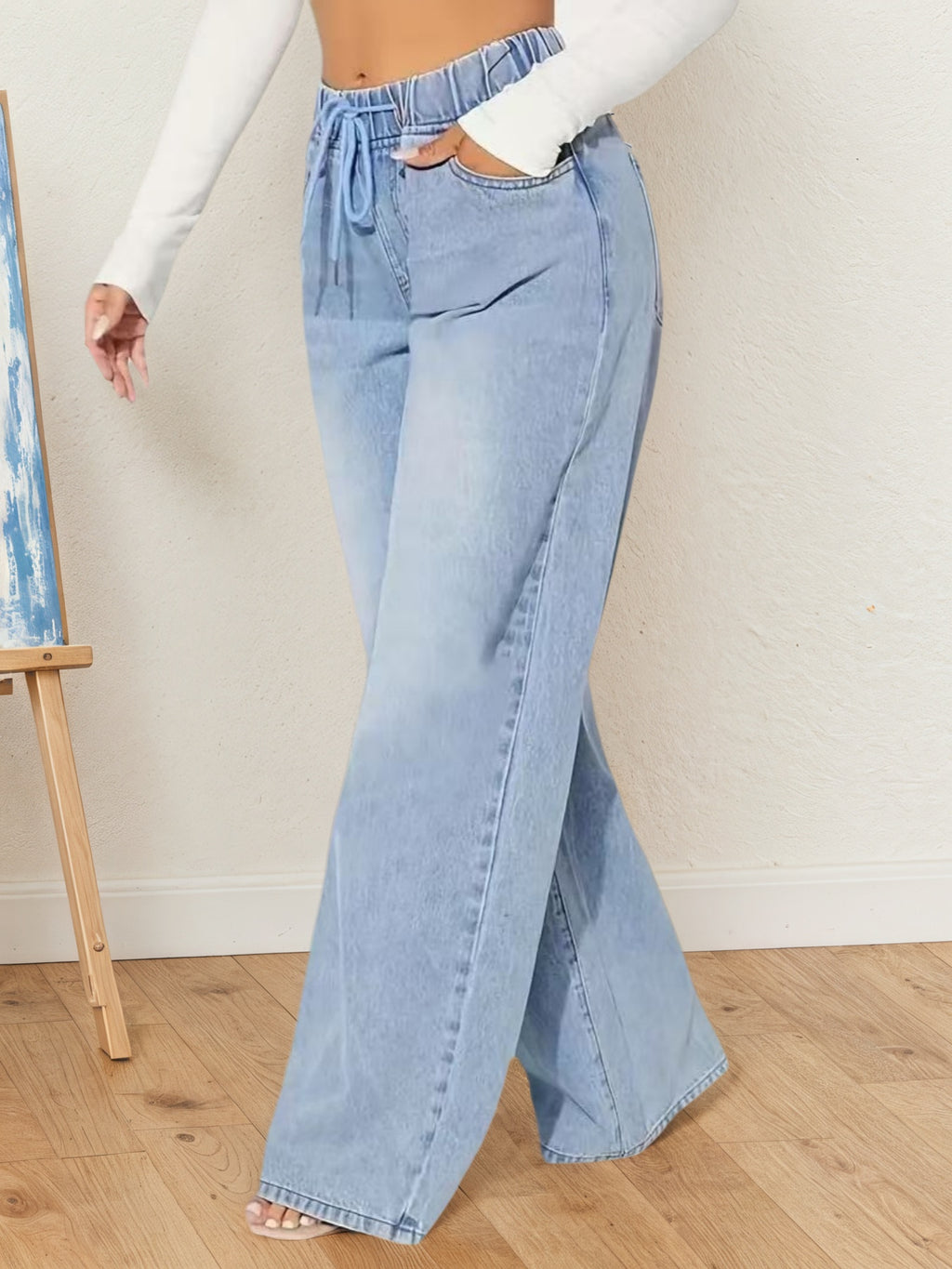 Pantalon en jean taille haute à cordon de serrage pour femme – Coupe ample jambes larges