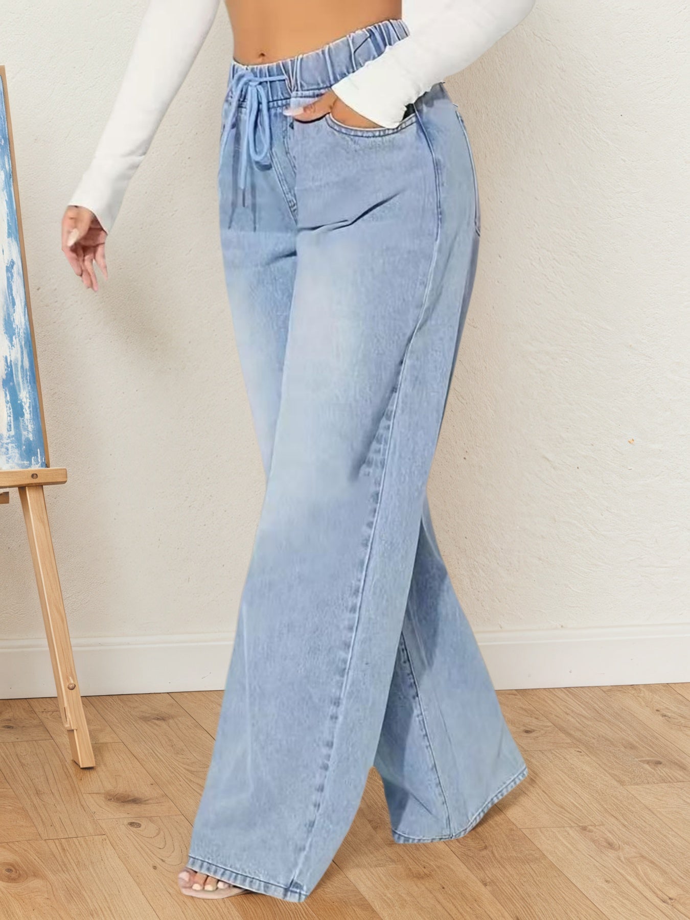 Pantalon en jean taille haute à cordon de serrage pour femme – Coupe ample jambes larges