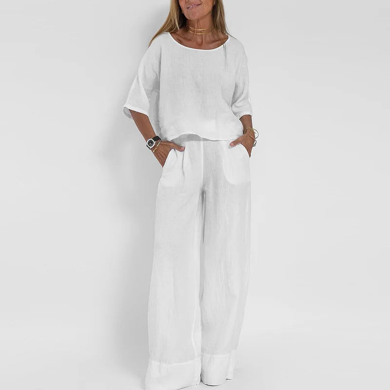 Linen Suits for Women 2 Pieces Summer Fashion New White Round Neck Casual T-shirt Elastic Waist Wide Leg Pants Two Piece Sets