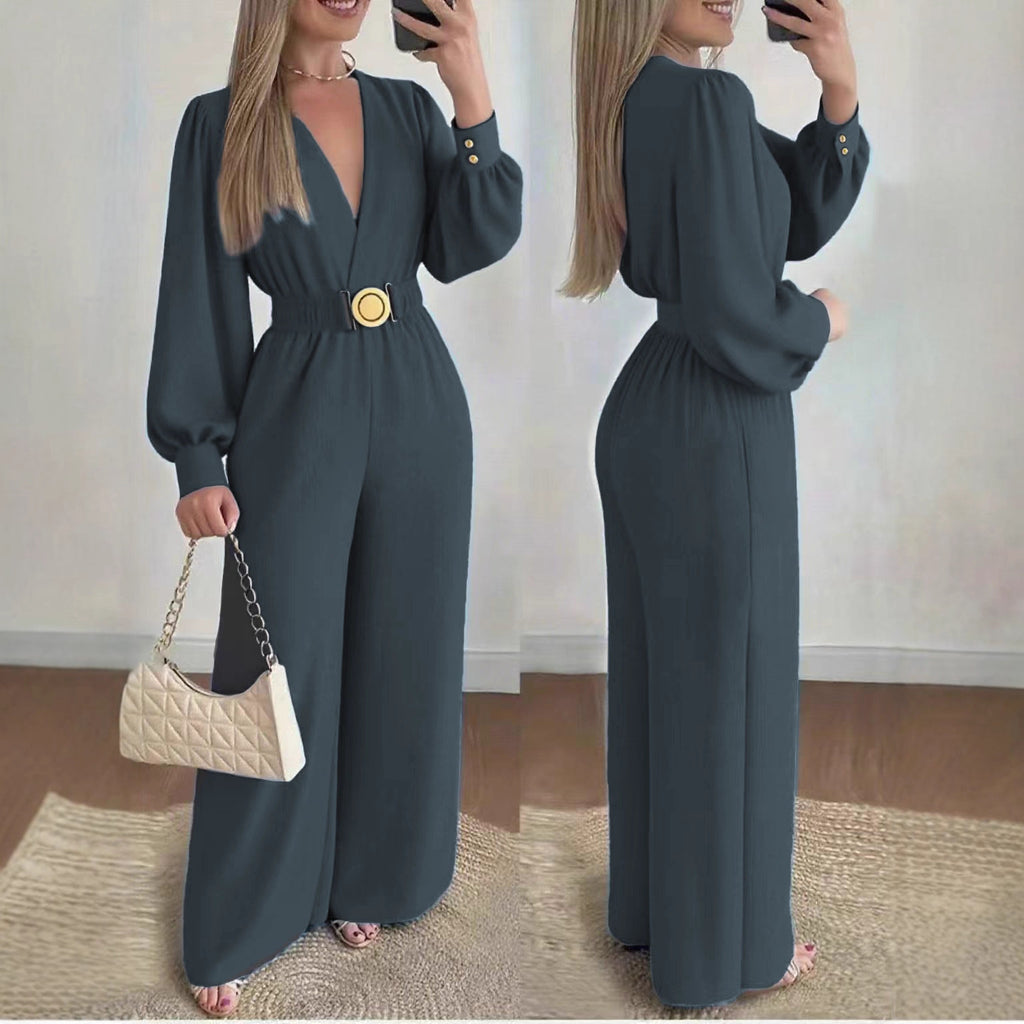 Women's Deep V-Neck Long Sleeve Jumpsuit Elegant  – AdriaPulse