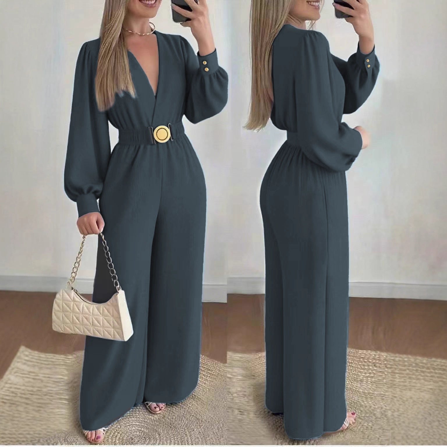Women's Deep V-Neck Long Sleeve Jumpsuit Elegant  – AdriaPulse