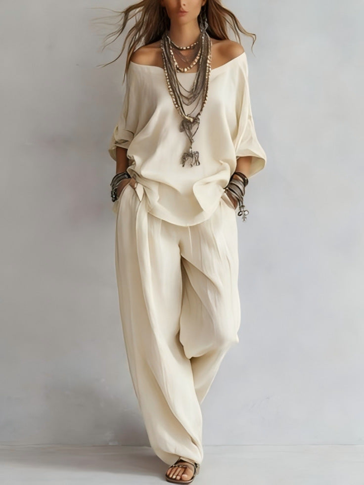 Women's Off-Shoulder Three-Quarter Sleeve Top & Wide-Leg Pants Set – Minimalist Street Fashion Co-Ord