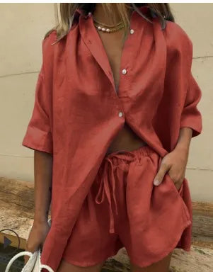 European and American 2024 Summer New Women's Solid Color Single breasted Short sleeved Shirt Two piece Set of Wide Leg Pants La