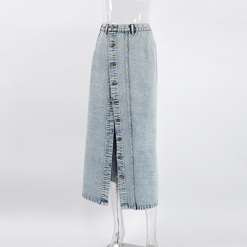 Women's Retro A-Line Denim Maxi Skirt – Washed Distressed Long Jean Skirt