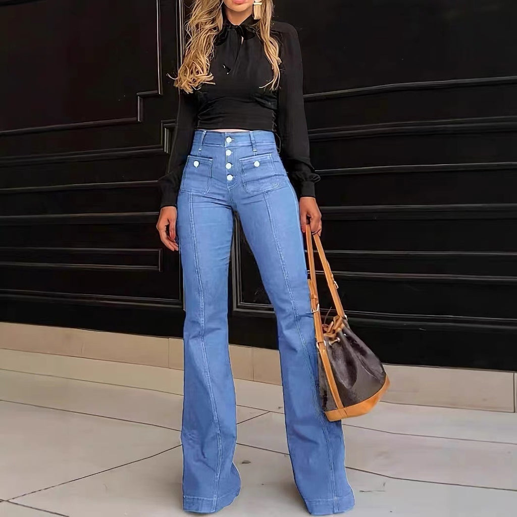  Women's Patchwork Flare Jeans Slim Fit Stretch Bootcut  Blue – AdriaPulse