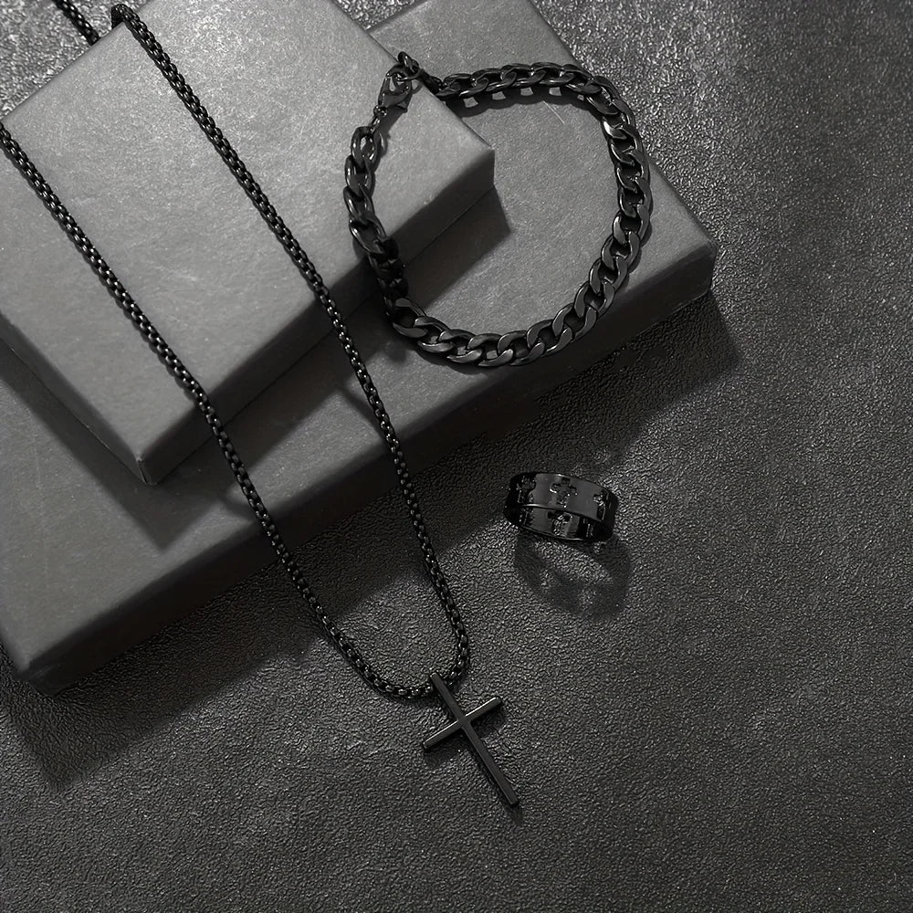 Herren 3-teiliges Mode-Schmuckset aus Legierung – Kreuz-Anhänger Halskette, Armband & Ring Kombination