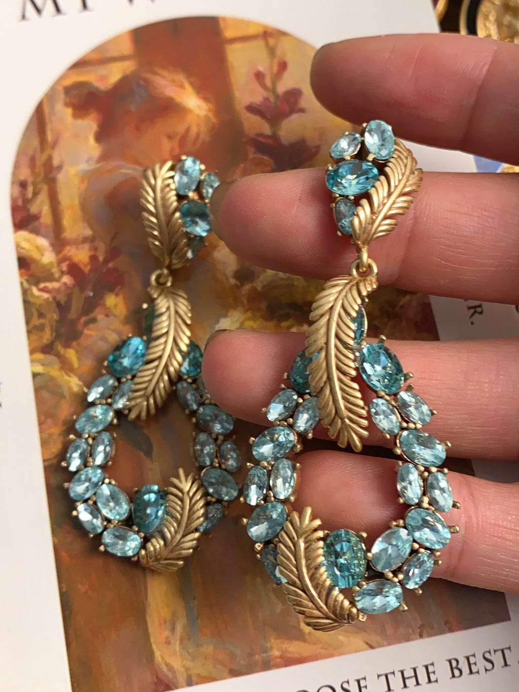 Rhinestone Feather Earrings – French Retro Copper Ear Studs for Women