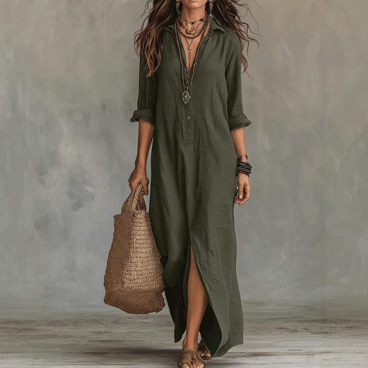 Women's Long Sleeve Maxi Dress Casual A-Line Side Slit Beach Dress – AdriaPulse"