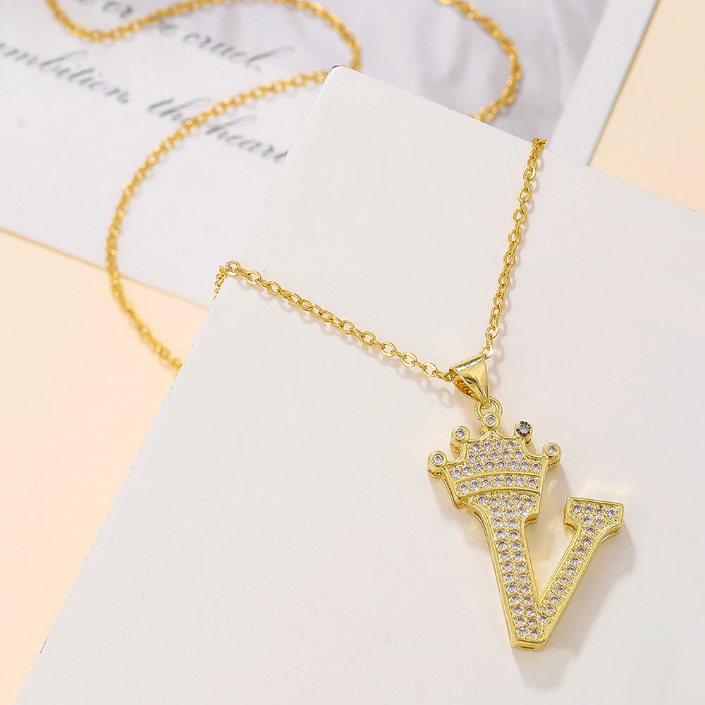 Gold Crown Initial Letter Pendant Necklace – Zircon A–Z Alphabet Jewelry