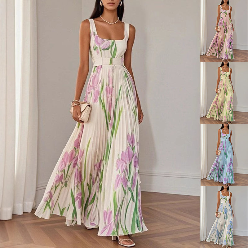 Floral Print Pleated A-Line Midi Dress Sleeveless High Waist Summer Dress AdriaPulse
