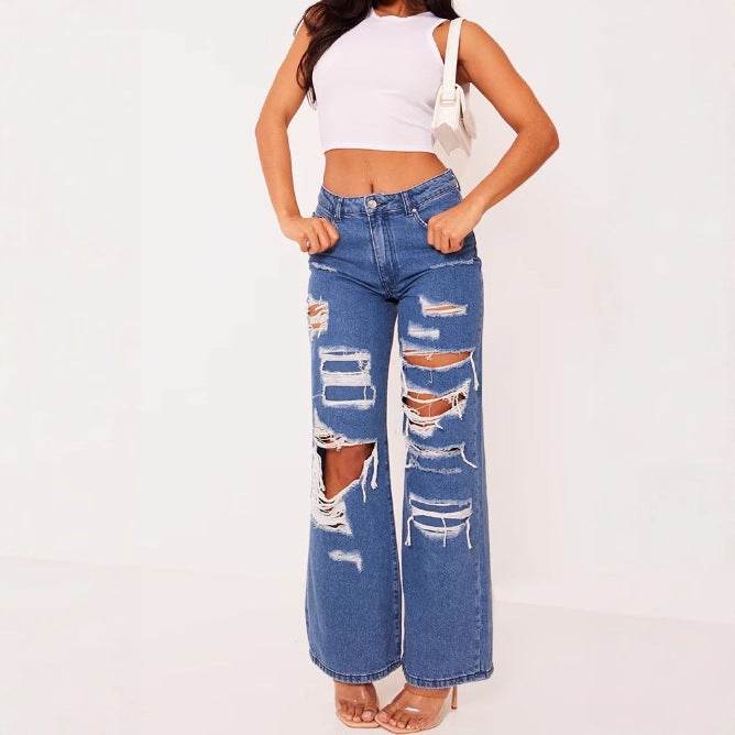 Women's Solid Color Distressed Washed High Waist Flared Denim Jeans – AdriaPulse