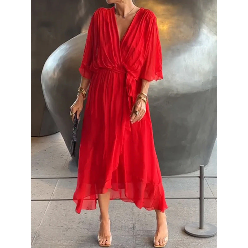 Batwing Sleeve V-Neck Midi Dress Flowy Tied Fairy Dress Women AdriaPulse
