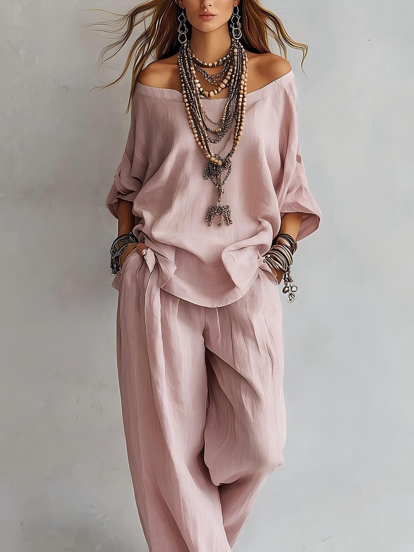 Women's Off-Shoulder Three-Quarter Sleeve Top & Wide-Leg Pants Set – Minimalist Street Fashion Co-Ord