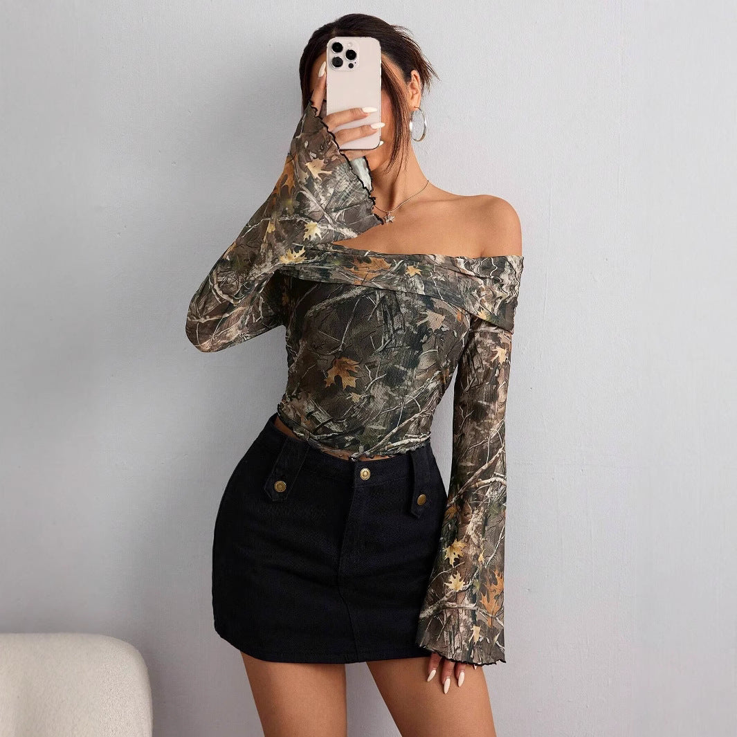 Women's Mesh Printed Off-Shoulder Long Sleeve Fitted Top Olive – AdriaPulse