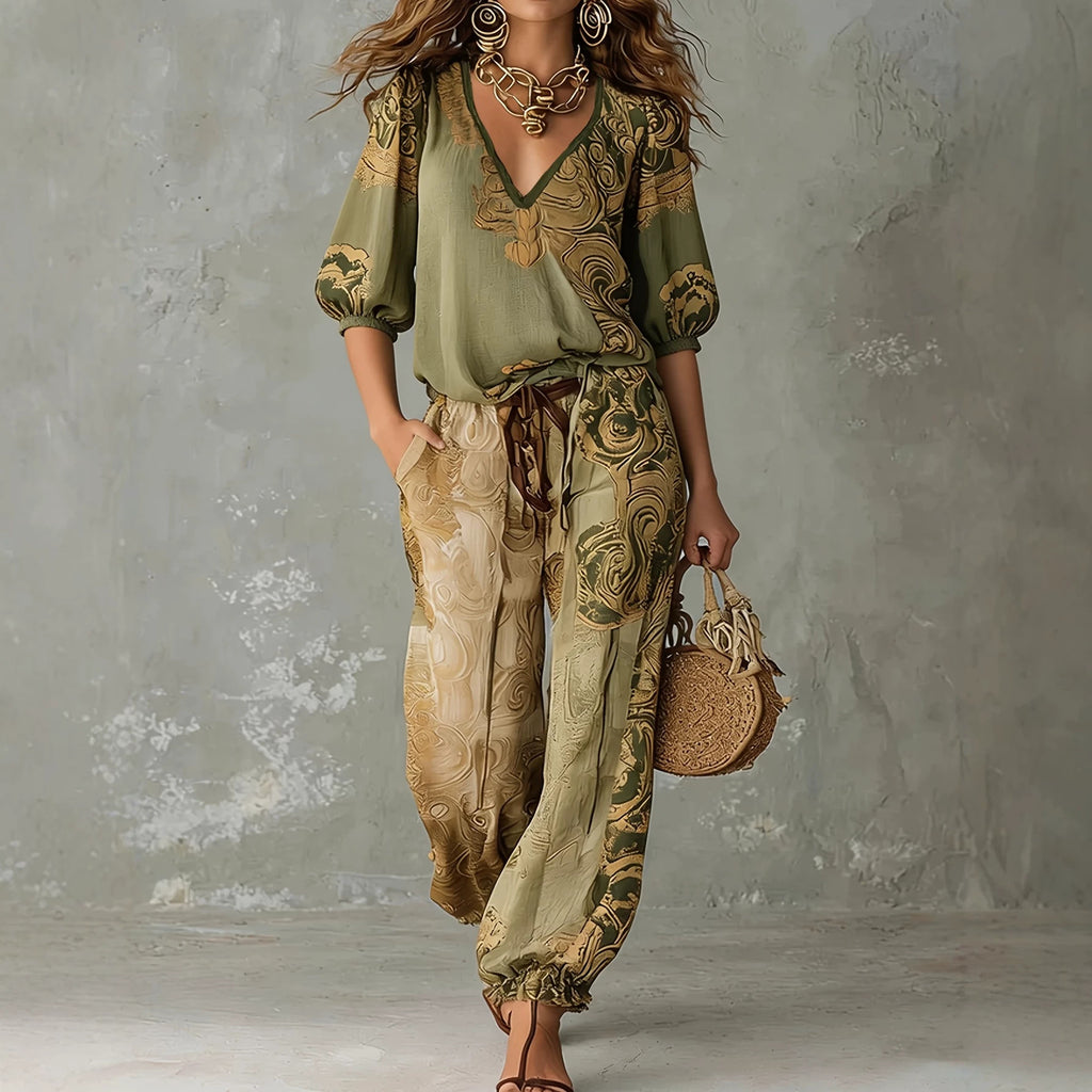  Women's Retro Printed V-Neck Puff Sleeve Top Jogger Pants Set 2-Piece – Army Green | AdriaPulse