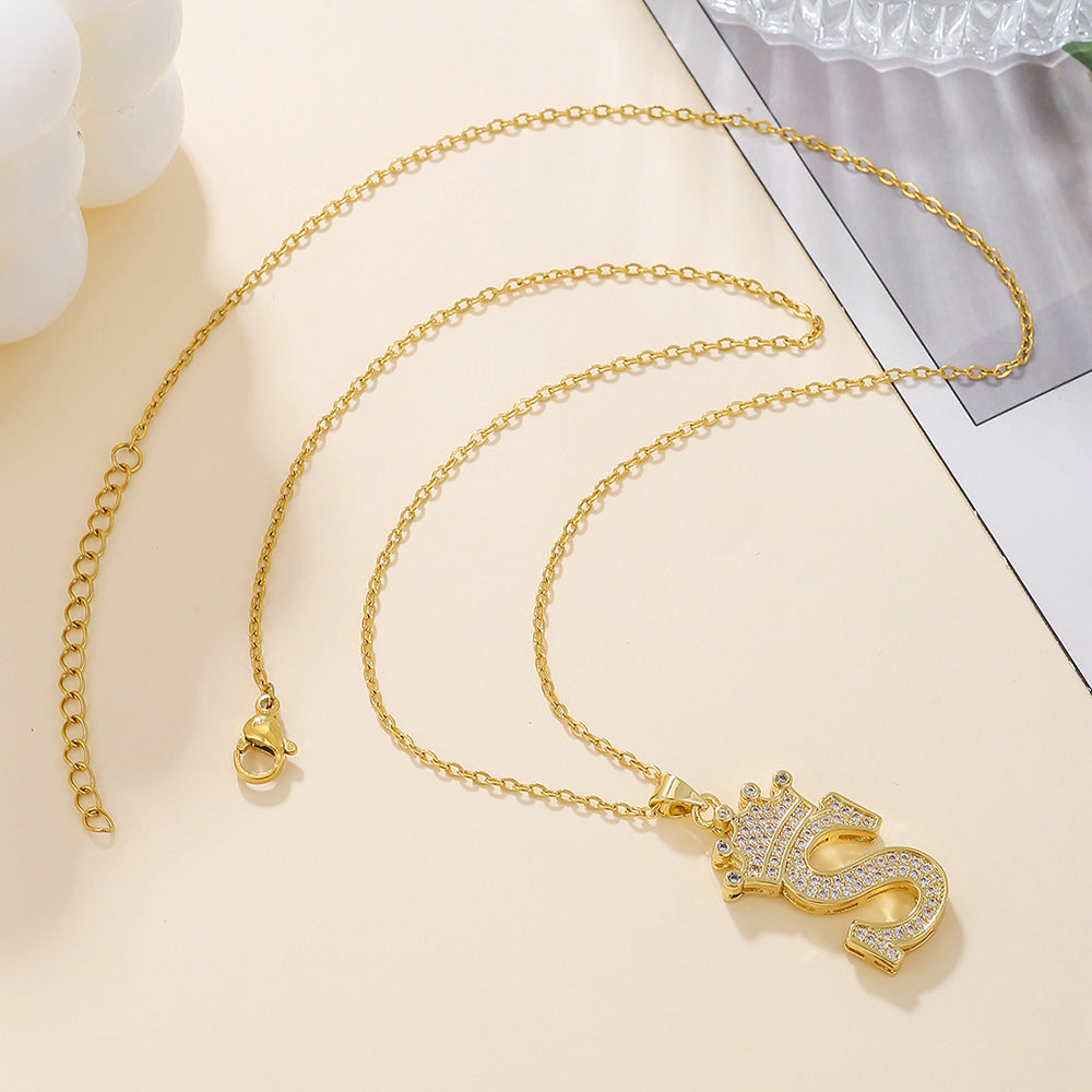 Gold Crown Initial Letter Pendant Necklace – Zircon A–Z Alphabet Jewelry