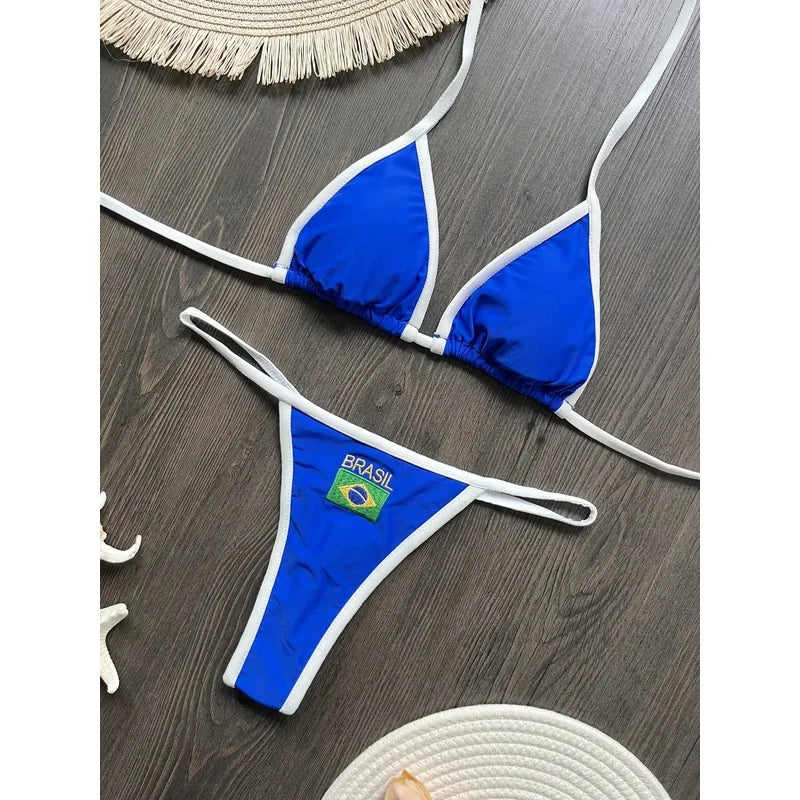 Women's Brasil Flag Embroidery Bikini Set – Patchwork Contrast Swimwear